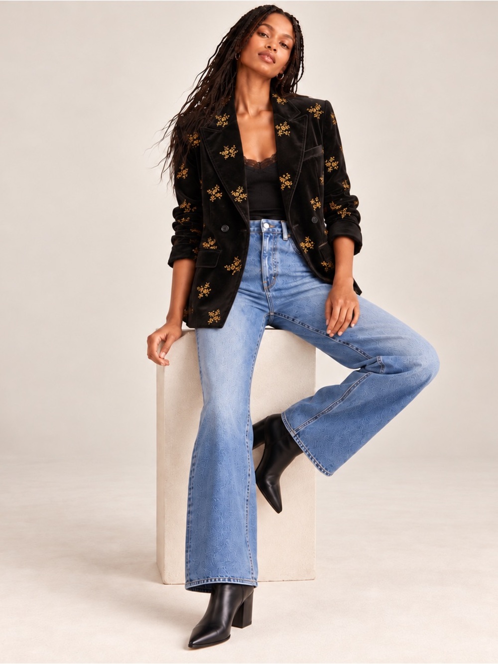 Driftwood Black Velvet Gold Floral Embroidered Blazer Jacket M NWT